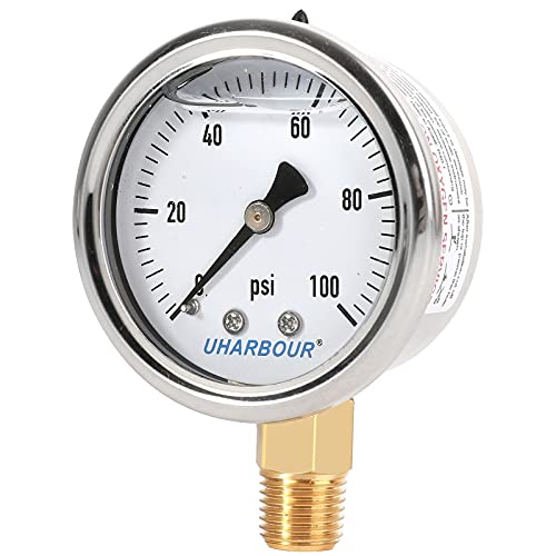 Uharbour Liquid Filled Fuel Pressure Gauge With 2" Dial And 304 Stainless Steel Case, 0-100Psi, 2% Accuracy, 1/4" Npt Center Lower Mount #TOP1