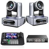Tenveo Kit Telecamera PTZ e Controller - 2 Telecamere NDI PTZ 4K con Auto-Tracking AI 20X, SDI/HDMI/USB3.0/LAN(PoE) e 1 Controller Joystick NDI con Quad-Screen da 7” + PoE Switch per Live Streaming
