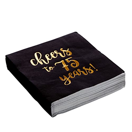 Sparkle and Bash 75th Birthday Paper Cocktail Napkins - 5 x 5 In, 3-Ply, Black & Gold -Pack of 50 - Cheers to 75 Years Foil Print - 75th Anniversary Napkins & Decor