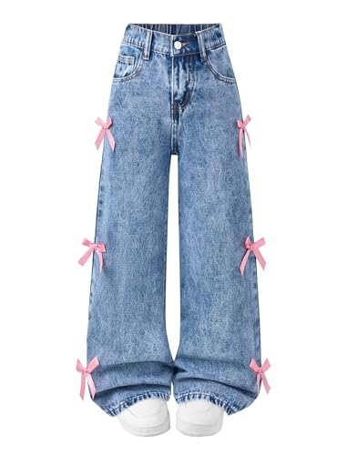 Image of Jeans for Girls Baggy Wide Leg Cute Bow High Elastic Waisted Denim Pants Y2K Boyfriend Skater Streetwear 7-14Y