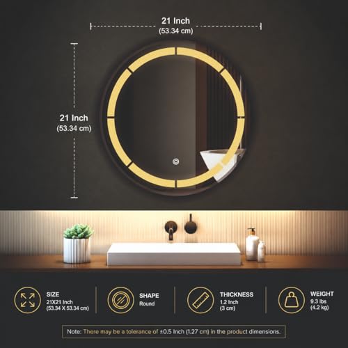 Image of LED Bathroom Wall Mirror with Decorative 3 Light Design | Touch Sensor | Warm | Natural and Cool White | for Wash Basin | Bedroom | Dressing Area Decoration (Round 2nd, 21x21)