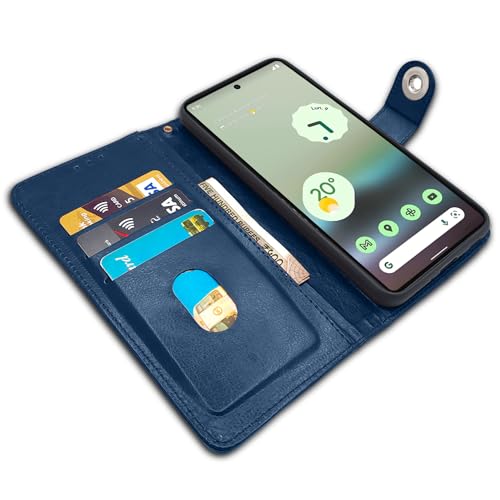 Image of Pikkme Google Pixel 6a Flip Cover Leather Finish | Inside TPU with Card Pockets | Wallet Stand and Shock Proof | Complete Protection Button Flip Case (Blue)