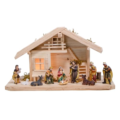 Krippenstall mit Beleuchtung 25 mgc24 Weihnachtskrippe Tischkrippe aus Holz, komplettes Krippenspiel...