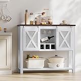 CABIHOME Wine Bar Cabinet with Sliding Barn Door, Coffee Cabinet with Wine Rack and Glass Holder, Kitchen Buffet Sideboard with Storage, Liquor Bar for Living Room, Dining Room, White