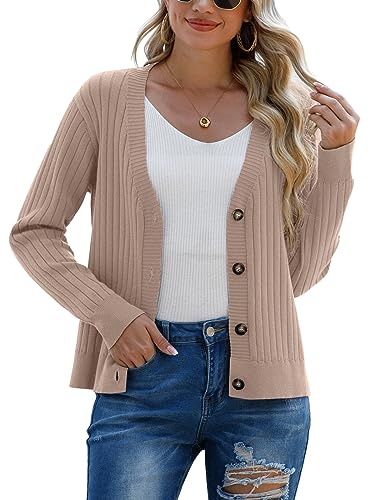Image of FREEOAK Bolero Shrugs for Women Long Sleeve Cardigan Sweaters Open Front Button Down Cardigan for Women Winter Fall Casual Sweaters Khaki 2XL