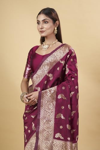 Image of Shasmi Women's Banarasi Saree Pure Kanjivaram Silk Saree Soft new ladies 2025 Design Wear Pattu Sarees Party Sari collections With Blouse Piece for Wedding sadi (PARI-188)