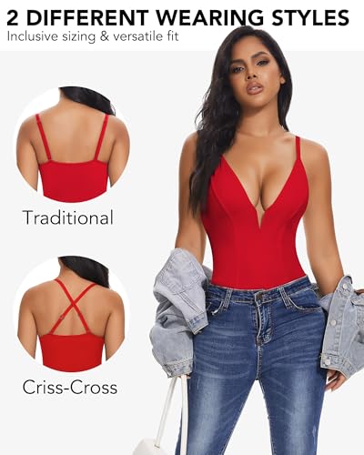 Image of SHAPERIN Bodysuit for Women Shapewear Tummy Control Deep V Neck Plunge Sleeveless Backless Thong Body Suit Tank Top