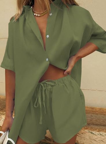 Image of Fixmatti Women 2 Piece Outfits Long Sleeve Button Down Blouse and Shorts Sweatsuit Sets