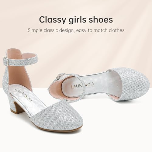 Image of LAURMOSA Girls Dress Shoes Closed Toe Pumps High Heels for Little Big Kid | Flower Shoes for Girls, 1.75-inch Chunky Heel, Ankle Strap, Closed Toe, Wedding, Party, Church, Graduation, First Communion