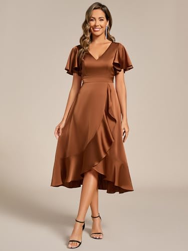 Image of Ever-Pretty Women's V Neck Satin Short Sleeve A Line Hi-Lo Midi Asymmetry Hem Bridesmaid Dress 02318