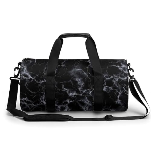 Black Marble Texture Travel Gym Bag for Women Men Cylindrical Duffle Bag Sport Workout Bag with Shoulder Strap