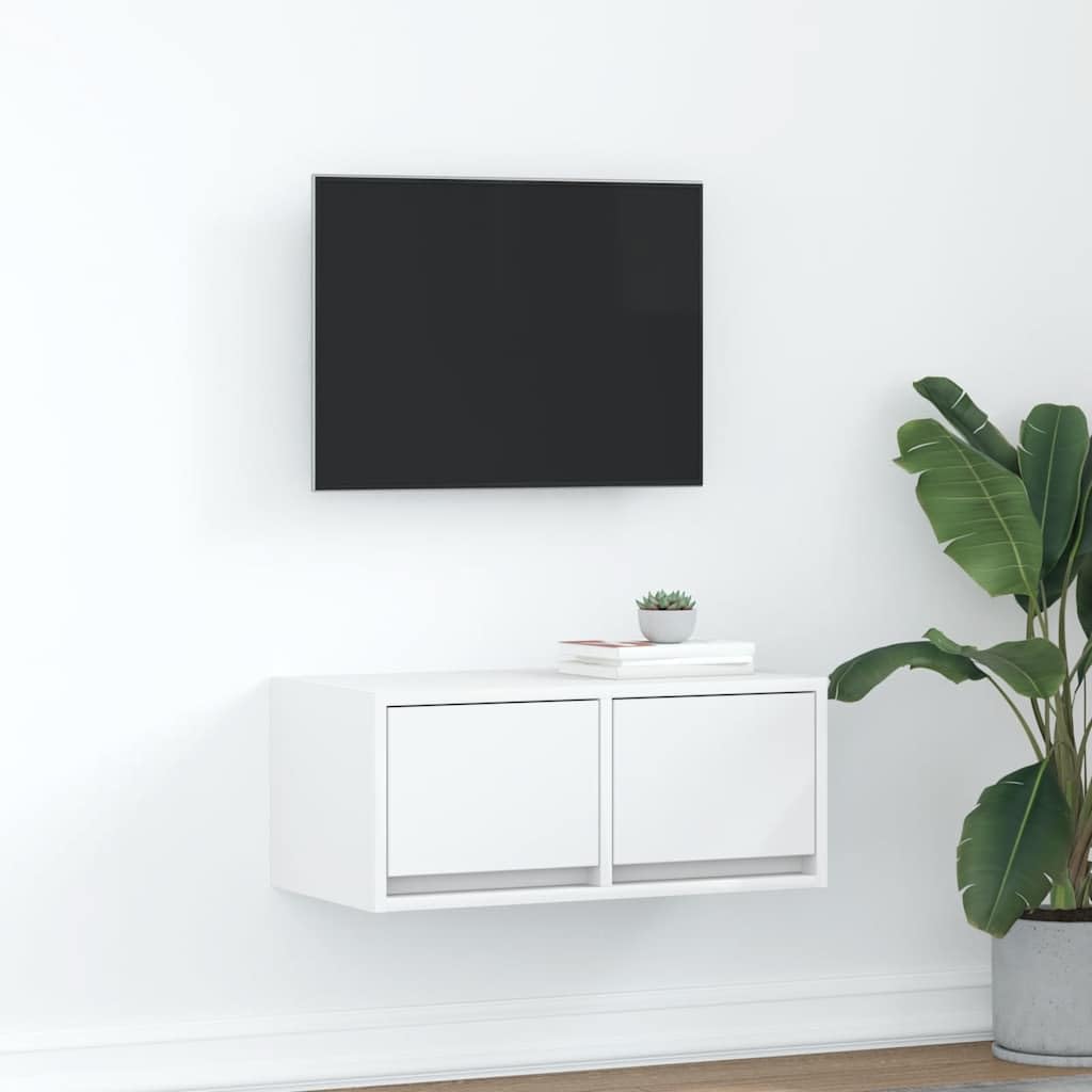 Mobile TV bianco in legno 60 x 31 x 25,5 cm con 2 cassetti, montaggio a parete, spazio per soggiorno, camera da letto, home theater, credenza salvaspazio con ripiano