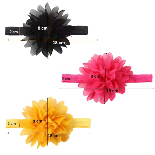 Image of Babymoon Set of 3 | Plain Flowers Soft Synthetic Hairbands for Baby Girls, Infants and Toddlers Headbands | Black-Yellow-Darkpink