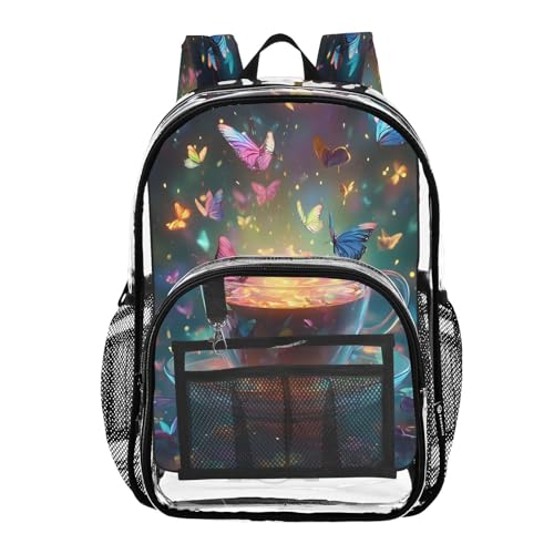 Glowing Butterfly Clear Backpack Heavy Duty See Through Transparent PVC BookBag for Kids Boy Girl School Work
