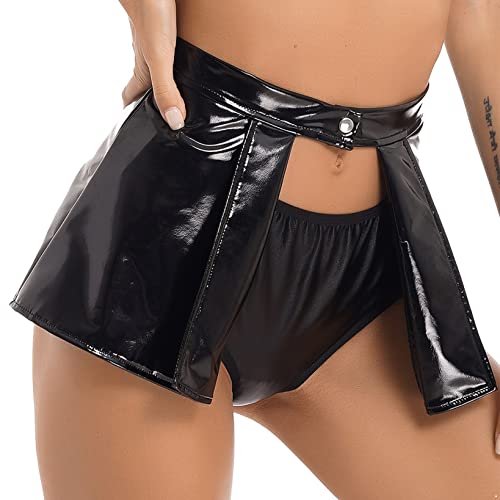 Women's Open Front Leather Skirts High Waisted Pleated Solid Ruffle Skater Skirts Clubwear3