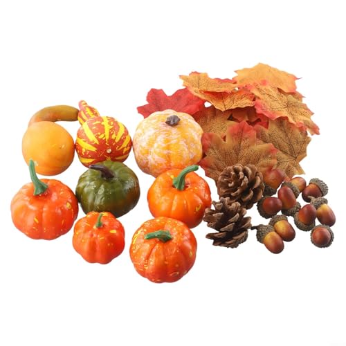 Honseadek Juego de 86 mini calabazas artificiales de decoración de otoño con hojas de arce de seda y conos de pino para corona de otoño, centro de mesa de fiesta en el hogar (70 piezas)