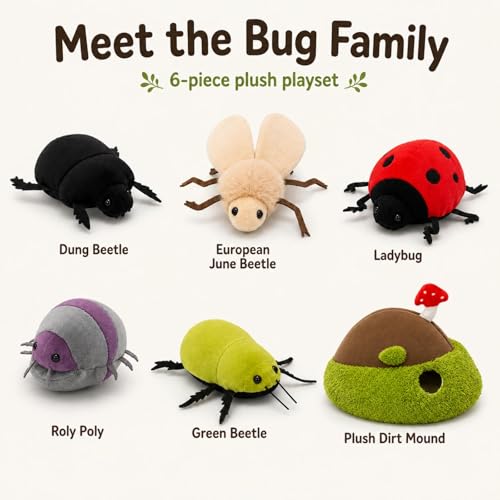 Image of 6Pcs Bug Plush Set, 5 Beetle Stuffed Animals with Dirt Mound,12 inch