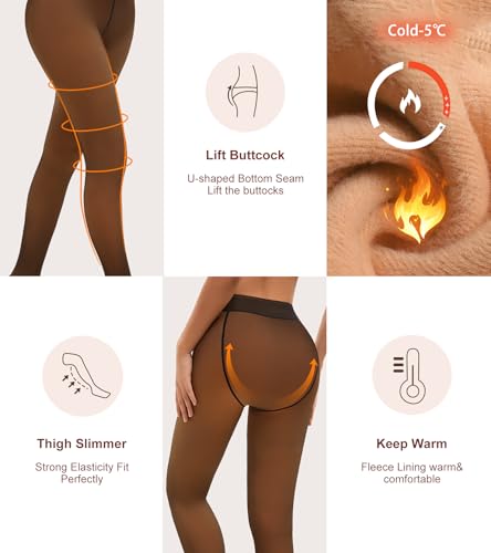 Image of Fleece Lined Tights Women,Tummy Control Fake Translucent Warm Pantyhose High Waist Leggings for Winter
