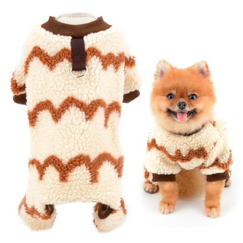 犬服 つなぎ ロンパース カバーオール 秋冬 ペット服 パジャマ 小型犬 加厚 縞模様 四足 猫服 洋服 チワワ服 ドッグウエア 可愛い おしゃれ 防寒服 抜け毛防止 お散歩 お出かけ,ベージュ,L