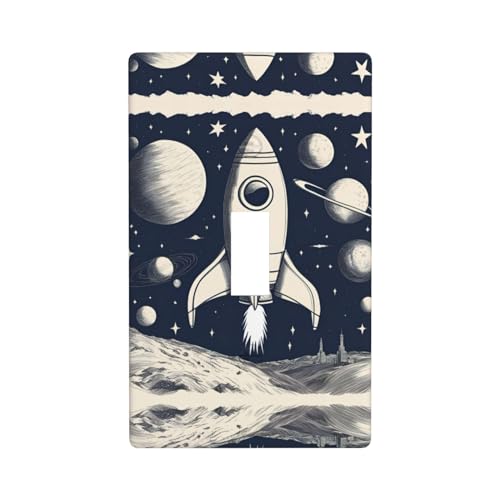 SDFHU Rocket In Space Print 1-Gang Light Switch Wall Plates -Single Toggle Electrical Switchplates For Bathroom, Standard Size, White, MC700