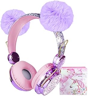 Kids Headphones Wireless, Girls Bluetooth Headphones w/Fluffy Ear, Adjustable Children Headphones Over Ear Headphones with Mic for Teens/iPhone/iPad, w/Unicorn Gift Box for Birthday Xmas (purple)