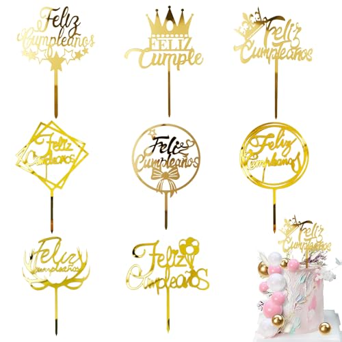 Happy Birthday Cake Toppers Feliz Cumpleaños Cupcake Decoration 8 Pcs Gold Acrylic Spanish Birthday Party Supplies