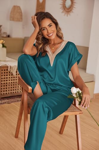 Ekouaer Silk Pajamas Set Womens Lace V Neck Loungewear Short Sleeve Satin Shirt with Long Pant Silky Pjs3