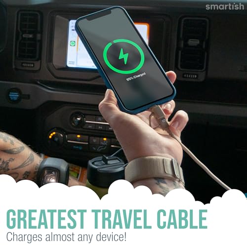 Image of Smartish USB-C /Lightning Cable 17 /16 /15 /14 /13 /12 - Crown Joule - 6 Foot Universal Fast Fabric Wrapped Charging Cable w /Micro-USB - MFi Certified 13 /12 /SE /iPad /AirPods /Android - Tan