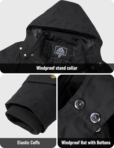 MAGCOMSEN Parka Herren Winterjacke Winddichte Gefüttert Winter Warme Fleece Cargo Jacke Stehkragen Übergangsjacke mit Abnehmbarer Kapuze Schwarz S