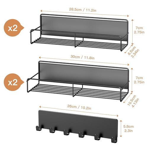 Image of 5-Pack Moveable Magnetic Spice Rack Organizer With 6 Hooks for Refrigerator, Metal Fridge Shelf, Black