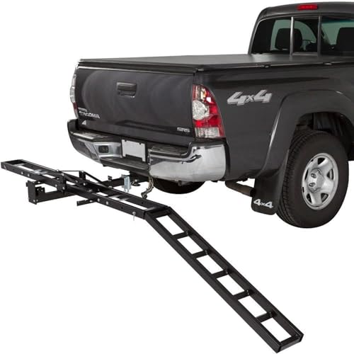 Image of Black Widow Steel Motorcycle Carrier with Ramp for 2-Inch Receiver, 500 lb Capacity - Hitch-Mounted Dirt Bike and Scooter Hauler with Grit-Coated Track and Anti-Rattle Device for SUVs and Trucks