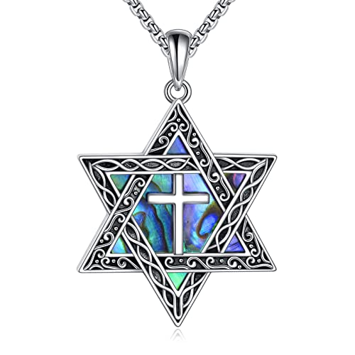 CRMAD Star of David Cross Necklace for Women Men Sterling Silver Cross Abalone Shell Jewish Jewelry