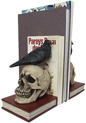 DWK - Murder and Mystery - Ravens on Skulls Bookends Gothic Poe Crow Reading Bookshelf Theme for Your Library Home Décor Book Shelf Accent 8.5 Inches in Length