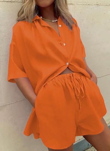 Image of Fixmatti Women 2 Piece Outfits Long Sleeve Button Down Blouse and Shorts Sweatsuit Sets