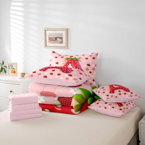 Image of Feelyou Girls Pink Red Strawberry Comforter Set with Sheets 7 Piece Twin Size Initial Letter A Bedding Set for Kids Boys Girls Princess Strawberry Bed in a Bag Room Decor Soft Lightweight Microfiber