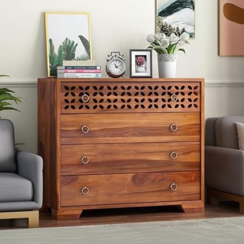 Image of Amazon Brand - Solimo Solid Sheesham Wood Kundal Sideboard Cabinet with 4 Spacious Drawers - Multipurpose Handcrafted Wooden Chest of Drawers for Living Room, Bedroom, Hallway Storage (Honey Finish)