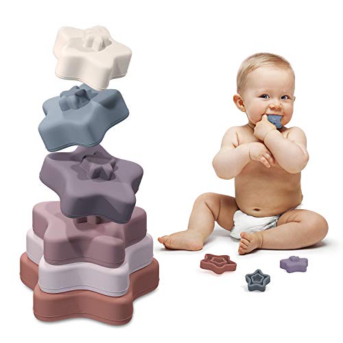 Image of TYRY.HU Baby Stacking Toys Silicone Rings Building Blocks Tower Soft Teether Toy for Boys Girls 6+ Months Early Educational Learning, Set of 6 PCS, Star Shape