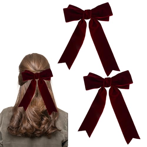GWAWG 2 pinzas para el pelo con lazo de terciopelo rojo, horquillas de satén con cinta larga, clip para el pelo de cinta francesa, accesorios vintage para el cabello de fiesta para niñas y mujeres,