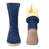 Slipper Socks for Women Grippers, Navy Thick Lined Knit Slipper Sock With Sole Non Skid Bottom, Indoor House Fuzzy Slipper Sock for Hospital Floor, Christmas Slipper Socks for Family,Size 7-9