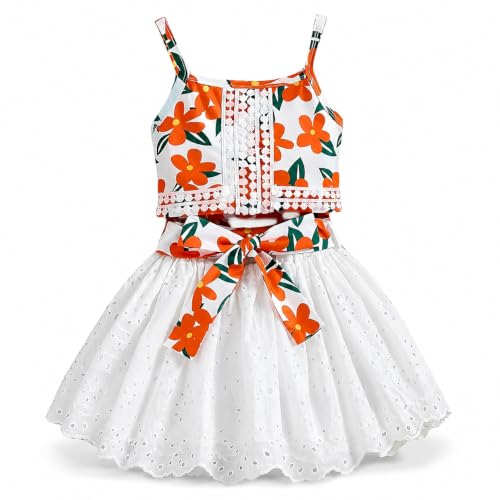 Image of PAMBERSTON Girls Dress Set, Floral Print Sleeveless Top with White Skirt and Bow Detail | Cute Casual Outfit for Girls | Perfect for Parties, Birthday, Wedding