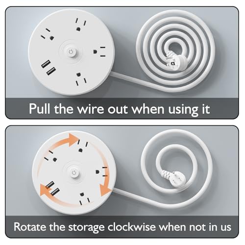 HITRENDS Multitomas de Viaje con Puertos USB, Cable de Extensión de 1.83 m, Multitomas Circular Retráctil con 4 Tomas y 2 Puertos USB, Montable en Pared con Gancho, Blanco miniatura 2