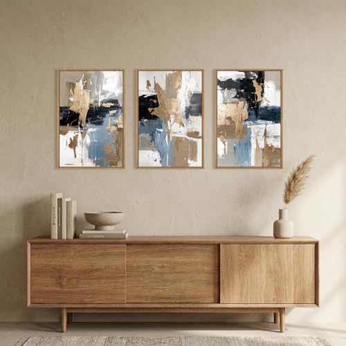 Image of KAIRNE Blue and Gold Abstract Framed Canvas Wall Art Set,Minimalist Brush Strokes Wall Decor,Modern Textured Art Prints,Neutral Brown Black Artwork for Living Room,Bedroom,Farmhouse,Office-16 x24 x3