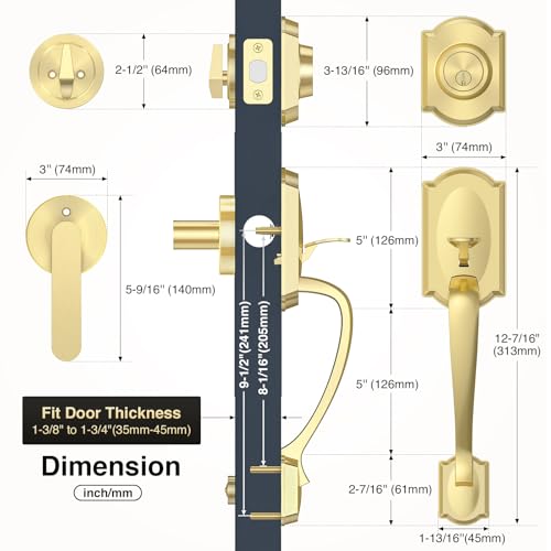 Image of Front Door Lock Set, Gold Front Door Handle and Deadbolt Set, Vintage Exterior Door Lock Set, Front Door Handle with Single Cylinder, Reversible for Right & Left, Satin Brass