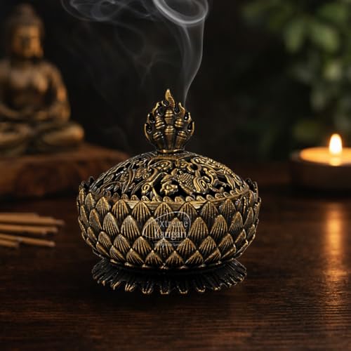 Image of Decorative Lotus Design Dhoop & Agarbatti Stand for Home Temple, Pooja Room, Meditation Decor, Brass Antique Finish Incense Burner