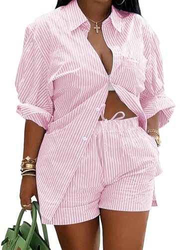 Ulovmi 2 Piece Sets For Women Summer Striped Lounge Button Down Shirts And Shorts Sets Beach Matching Clothing Fall Outfits Pink M