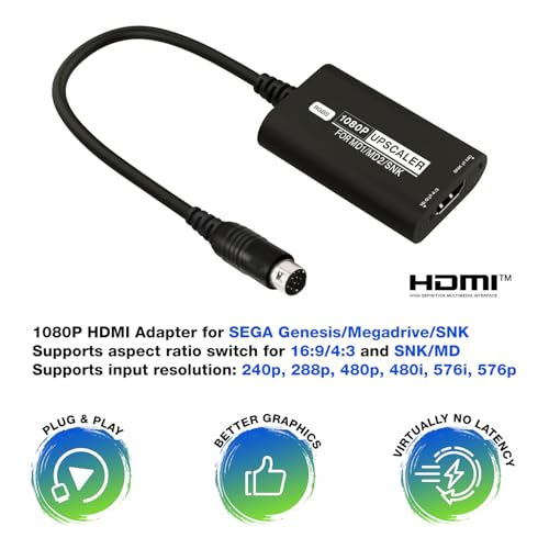 Image of BITFUNX SEGA Genesis /Megadrive /SNK HDMI Adapter - Supports RGBS to 1080P HDMI Upscaler and 16:9 /4:3 Switch, Plug & Play Video Game Adapter with No Lag, for Genesis MD1 /2 SNK
