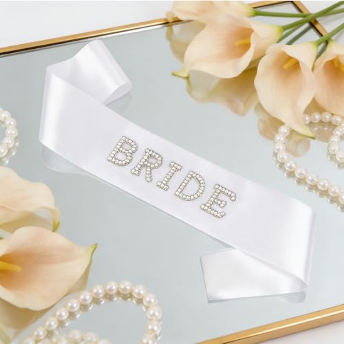 DIELOVEHUA Schärpe Braut, Frauen Bride Schärpen, Braut Schärpe Weiß mit Perlen und Strass, Junggesellenabschied Schärpen, Accessoires Frauen für Hochzeit, Bachelorette, Brautparty