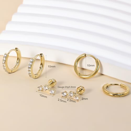 Earring Stacks Gold Hoop Earrings Set, Dainty 14K Gold Small Huggie Hoop Earrings for Women Trendy Hypoallergenic Cartilage Flat Back Stud Earrings Set for Multiple Piercing4