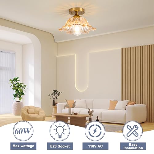 Image of Semi Flush Mount Ceiling Light,Vintage Lights Fixture Ceiling Amber Shade Glass, E26 Ceiling Light Fixtures for Closet Kitchen Bedroom, Bulb Included