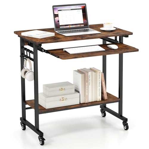 Giantex Rolling Computer Desk, Mobile Desk with Keyboard Tray & Wheels, Portable Laptop PC Table Cart with Shelf & Hooks, Small Desk for Small Spaces, Bedroom, Apartment